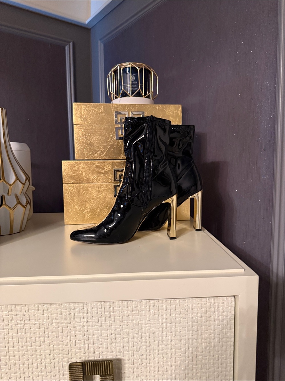 Aldo Black Patent Ankle Booties with Gold Heels